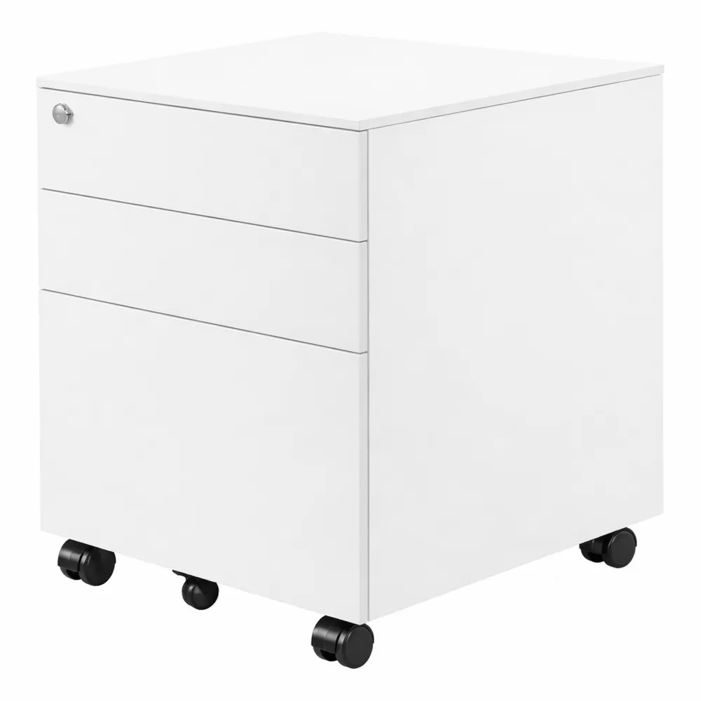 Cassettiera da ufficio a 3 cassetti con serratura e ruote, bianca