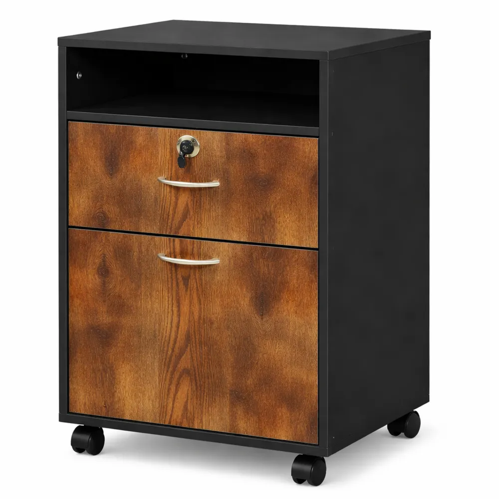 Schedario da Ufficio con Cassetto e Serratura, Ruote e Ripiano Aperto, 40x35x60cm, Marrone