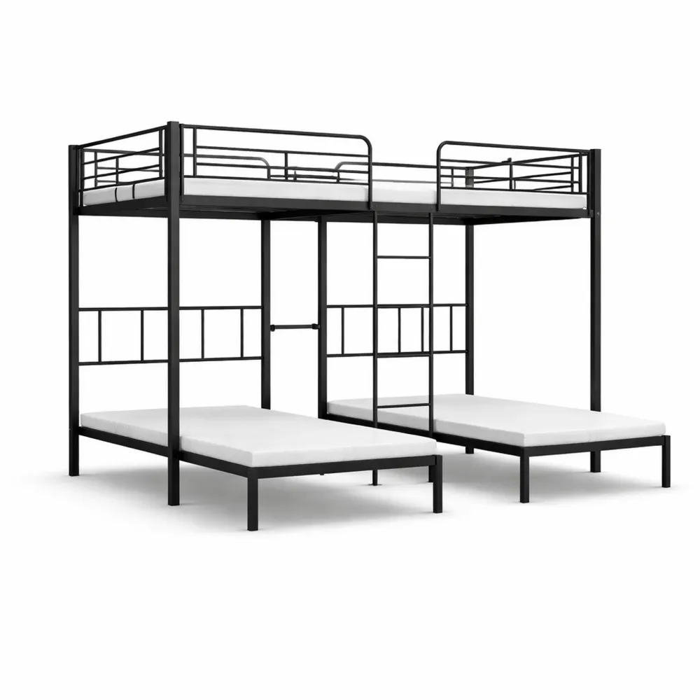 Letto a castello triplo per bambini e ragazzi con scala e tavolo, griglia anticaduta, colore nero