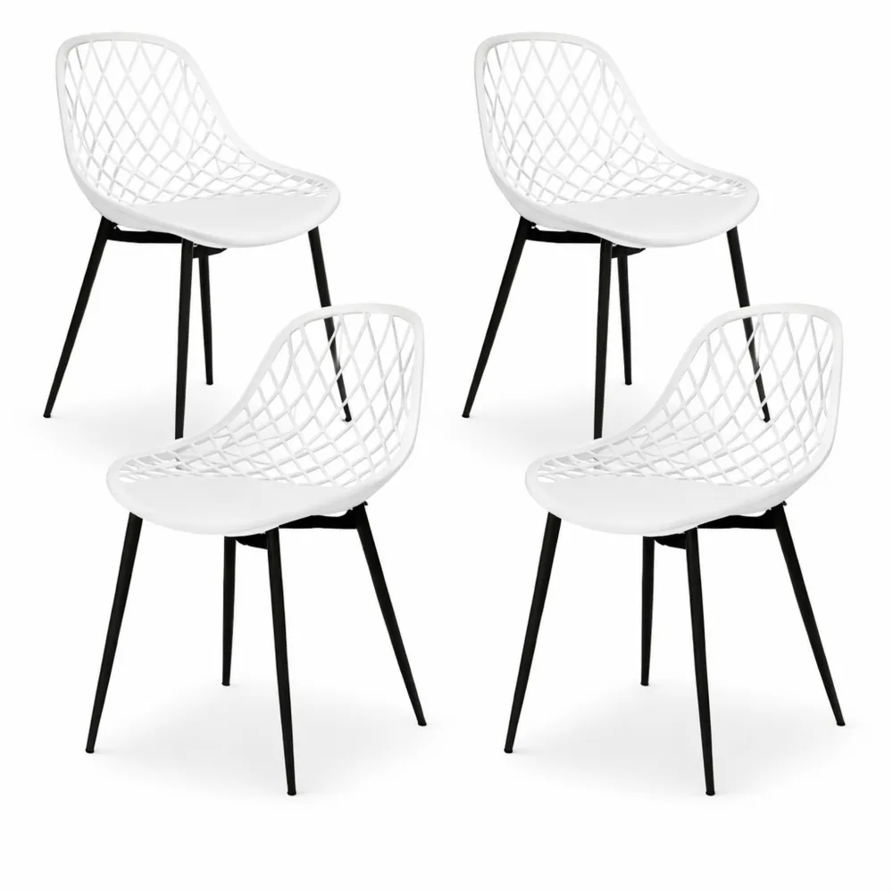 Set di 4 Sedie da Cucina con Schienale Scavato e Gambe in Metallo, Seduta in PP, Design Scandinavo, Bianco