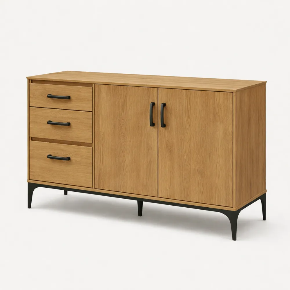 Credenza Bassa con Ante e Cassetti per Soggiorno o Studio Effetto Rovere Scuro