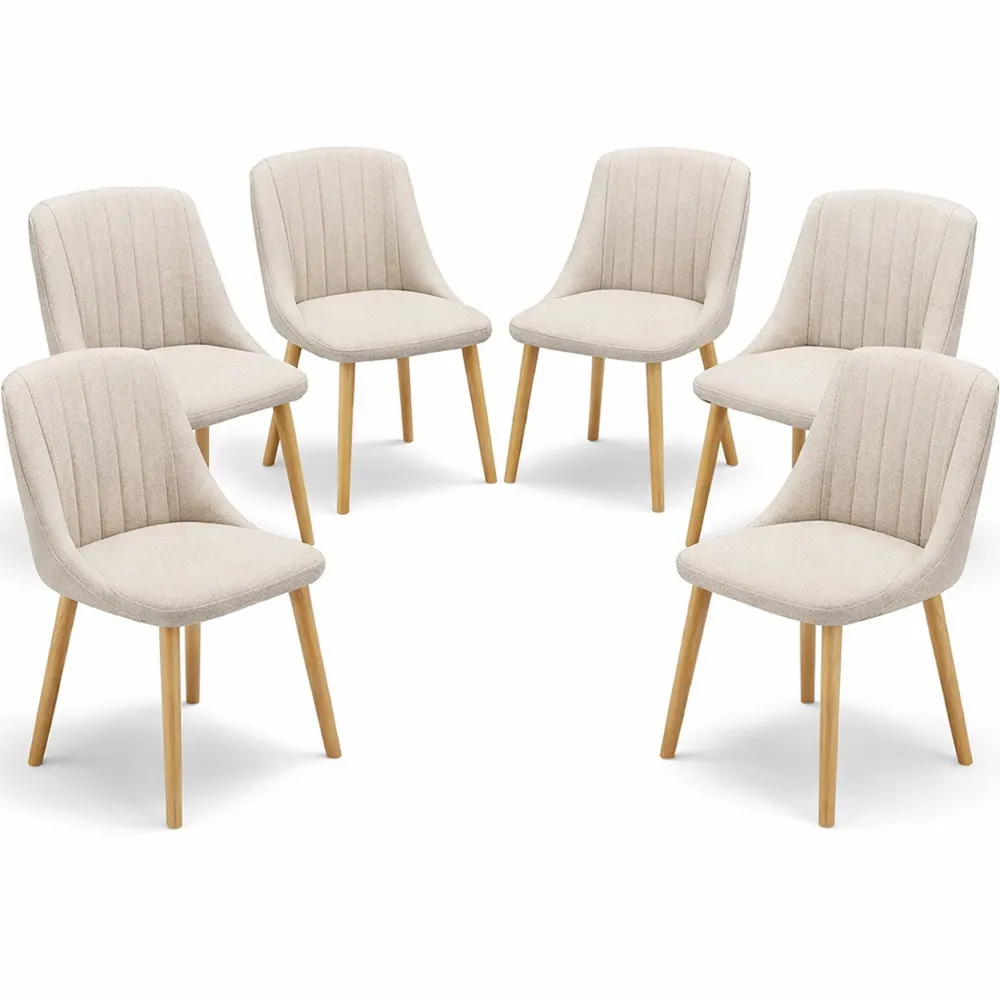 Set di 6 Sedie Imbottite Beige per Sala da Pranzo con Gambe in Legno