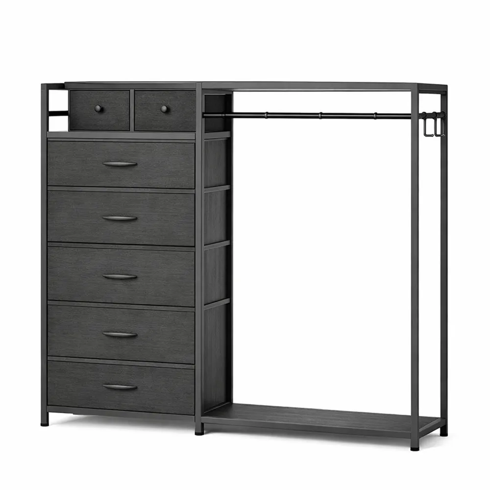 Cassettiera Moderna con LED e Presa, 6 Cassetti Reversibili per Camera e Soggiorno, 110 x 30 x 106 cm, Nero