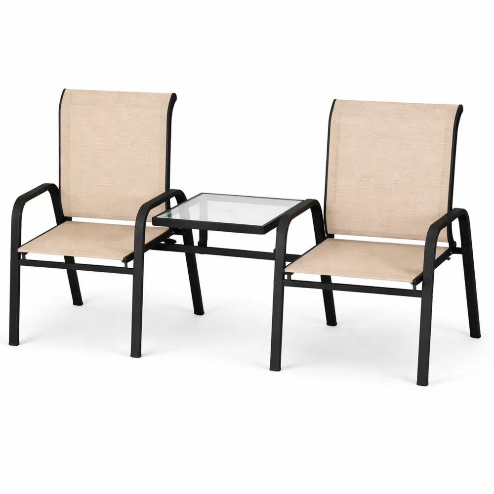 Panchina da Giardino 2 Posti con Tavolino in Vetro e Seduta a Rete