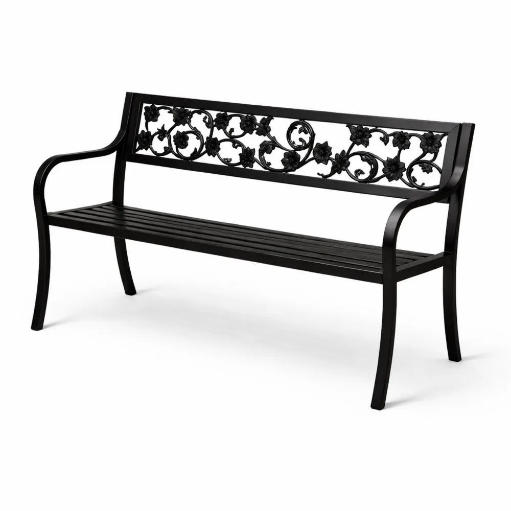 Panca da Giardino in Acciaio a Forma di Rosa, 3 Posti, per Esterni, Colore Nero