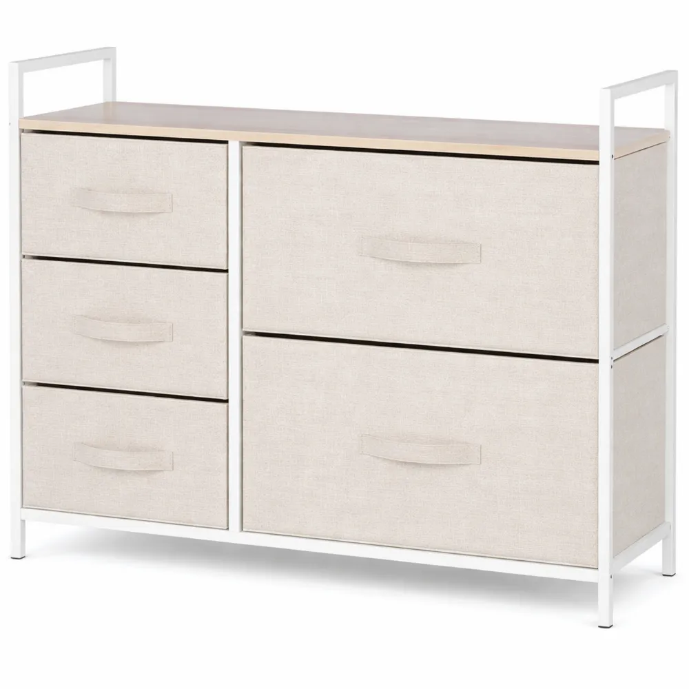 Cassettiera a 5 Cassetti in Tessuto e Acciaio con Ripiano in Legno MDF, Beige