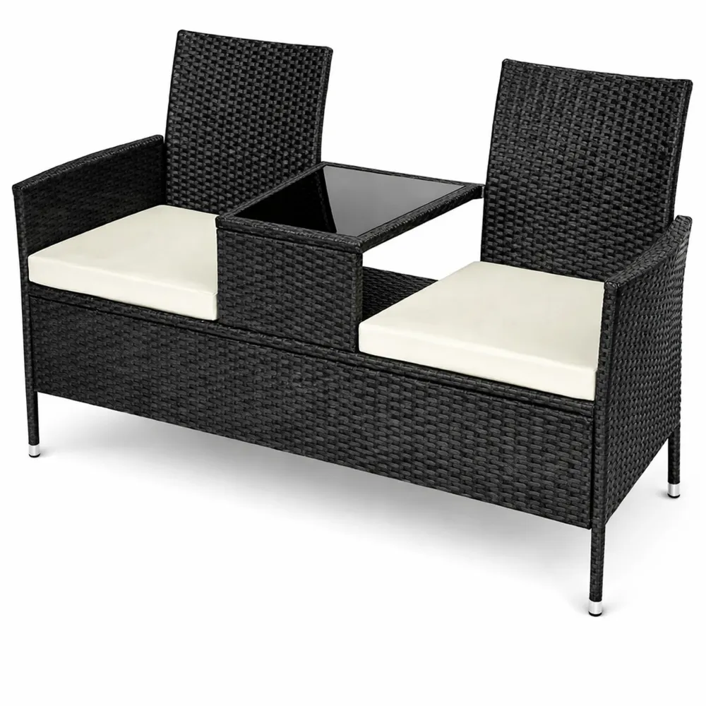 Panca da giardino in polyrattan con tavolino e lastra in vetro, beige