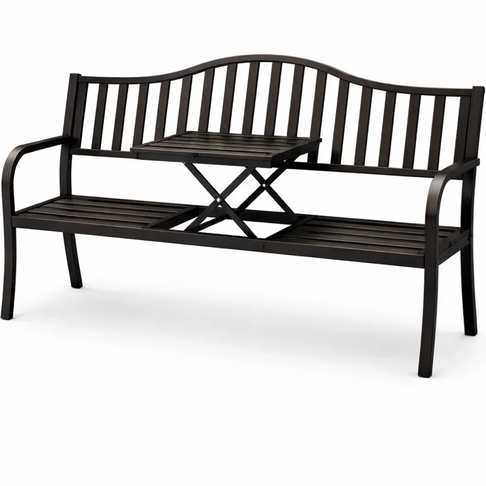 Panca da giardino con tavolino pieghevole a 3 posti, resistente in acciaio, nero bronzo