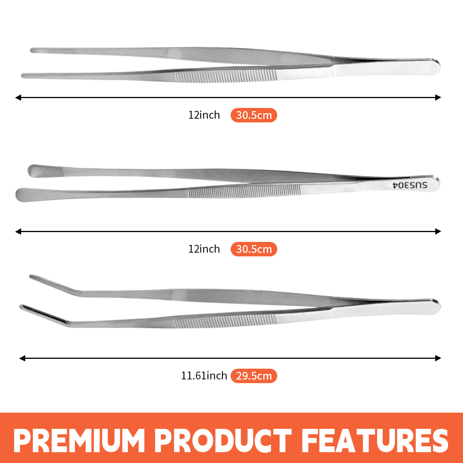 ProGrip Stainless Steel Cooking Tweezers Set of 3