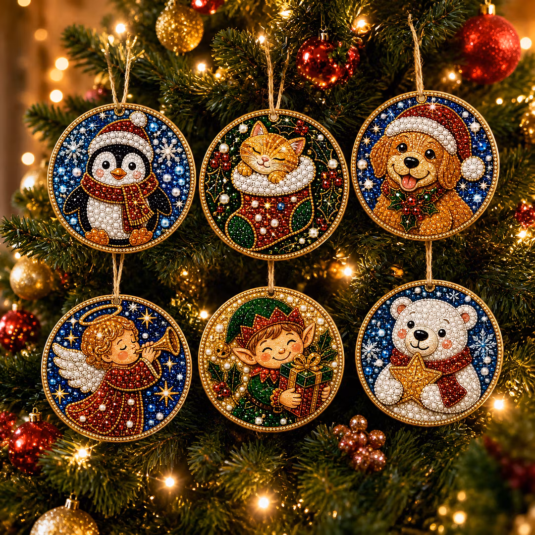 6 Pcs Christmas Wooden Ornaments DIY Pearls Diamond Painting Kit Rhinestone Art Pendants with Hemp Rope for Holiday Tree Decor