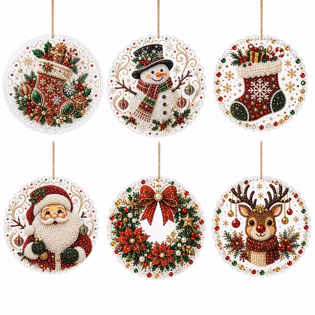 6 Pcs Christmas Wooden Ornaments DIY Pearls Diamond Painting Kit Rhinestone Art Pendants with Hemp Rope for Holiday Tree Decor