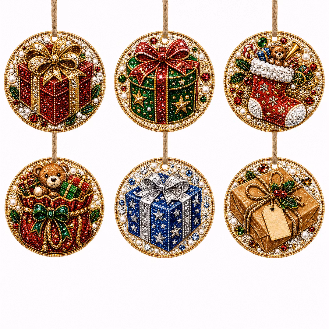 6 Pcs Christmas Wooden Ornaments DIY Pearls Diamond Painting Kit Rhinestone Art Pendants with Hemp Rope for Holiday Tree Decor
