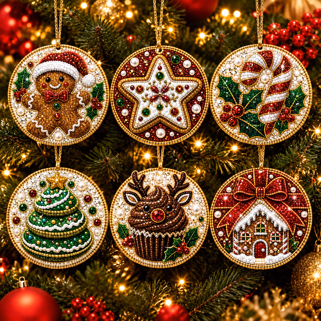 6 Pcs Christmas Wooden Ornaments DIY Pearls Diamond Painting Kit Rhinestone Art Pendants with Hemp Rope for Holiday Tree Decor