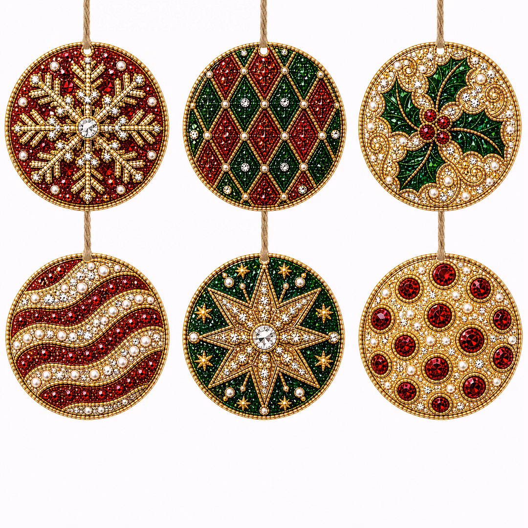 6 Pcs Christmas Wooden Ornaments DIY Pearls Diamond Painting Kit Rhinestone Art Pendants with Hemp Rope for Holiday Tree Decor