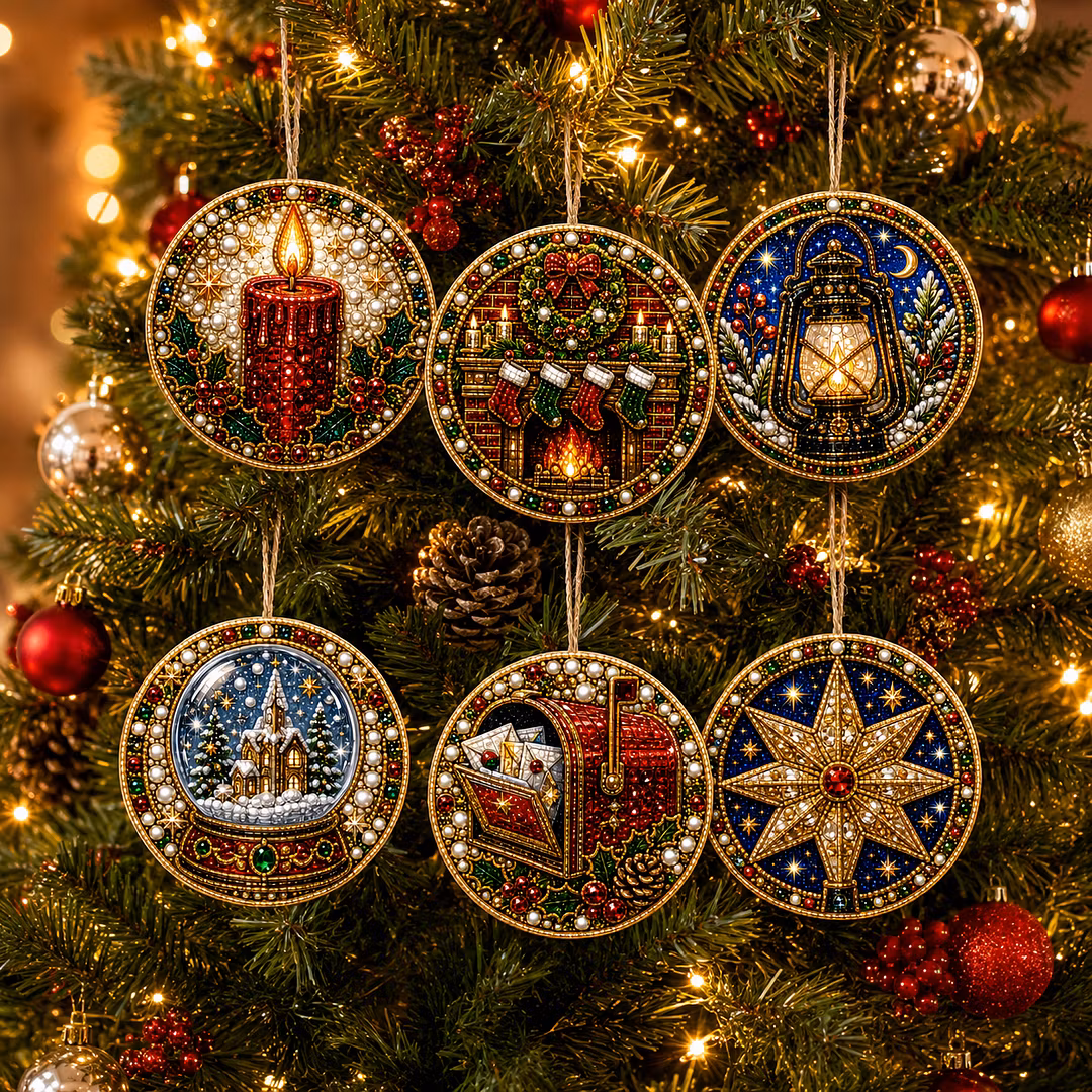 6 Pcs Christmas Wooden Ornaments DIY Pearls Diamond Painting Kit Rhinestone Art Pendants with Hemp Rope for Holiday Tree Decor