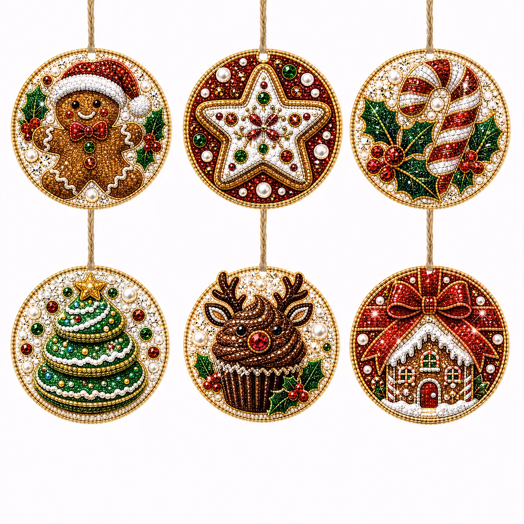 6 Pcs Christmas Wooden Ornaments DIY Pearls Diamond Painting Kit Rhinestone Art Pendants with Hemp Rope for Holiday Tree Decor