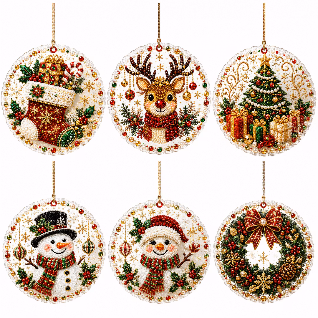 6 Pcs Christmas Wooden Ornaments DIY Pearls Diamond Painting Kit Rhinestone Art Pendants with Hemp Rope for Holiday Tree Decor