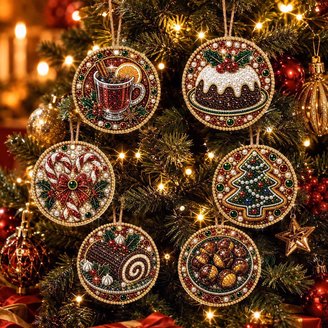 6 Pcs Christmas Wooden Ornaments DIY Pearls Diamond Painting Kit Rhinestone Art Pendants with Hemp Rope for Holiday Tree Decor