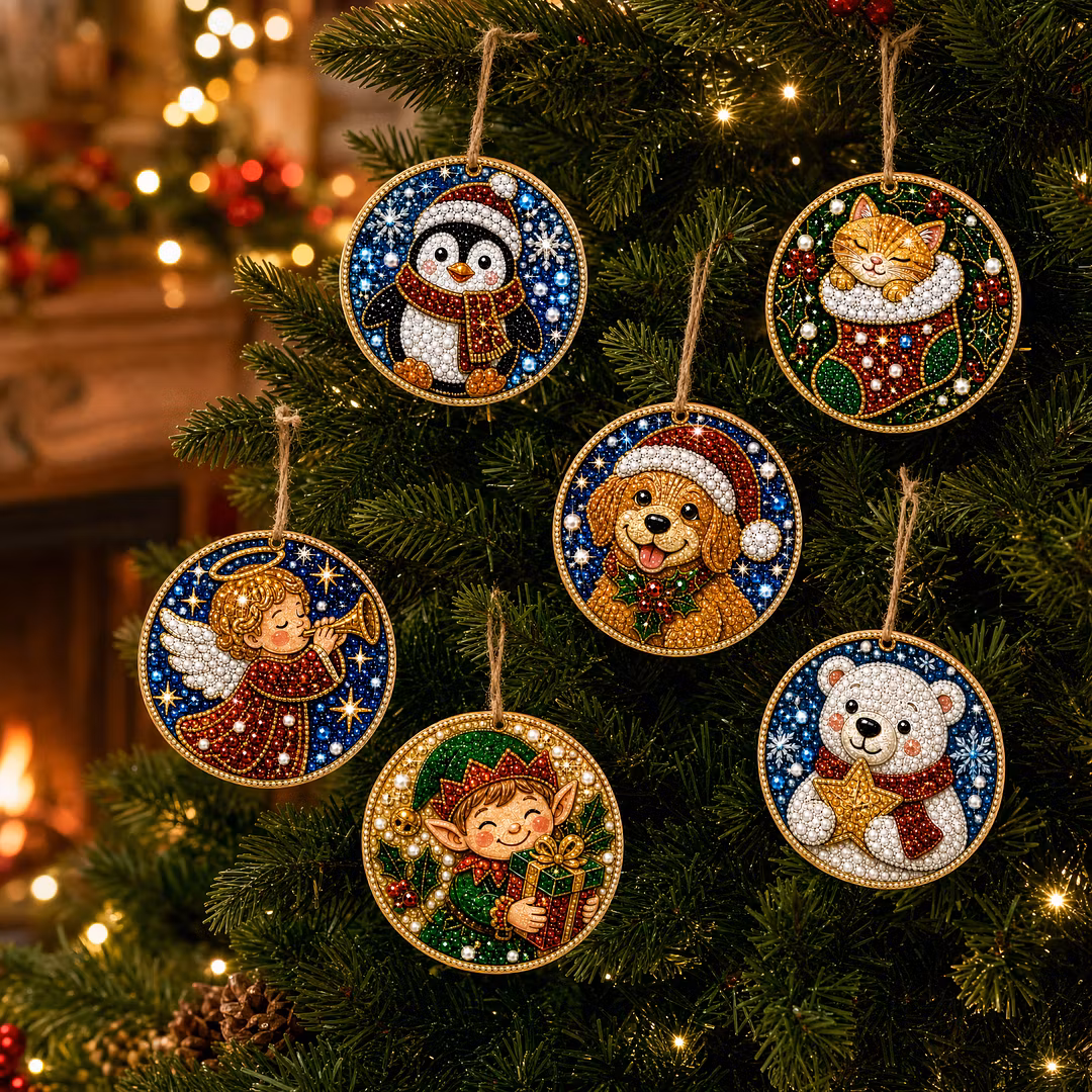6 Pcs Christmas Wooden Ornaments DIY Pearls Diamond Painting Kit Rhinestone Art Pendants with Hemp Rope for Holiday Tree Decor