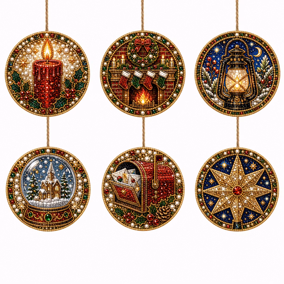 6 Pcs Christmas Wooden Ornaments DIY Pearls Diamond Painting Kit Rhinestone Art Pendants with Hemp Rope for Holiday Tree Decor