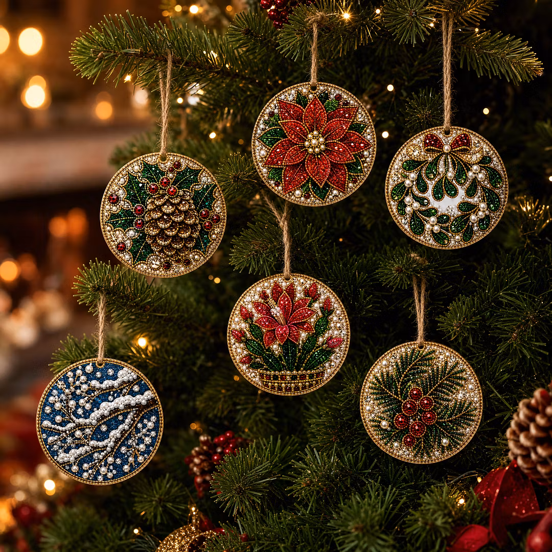 6 Pcs Christmas Wooden Ornaments DIY Pearls Diamond Painting Kit Rhinestone Art Pendants with Hemp Rope for Holiday Tree Decor