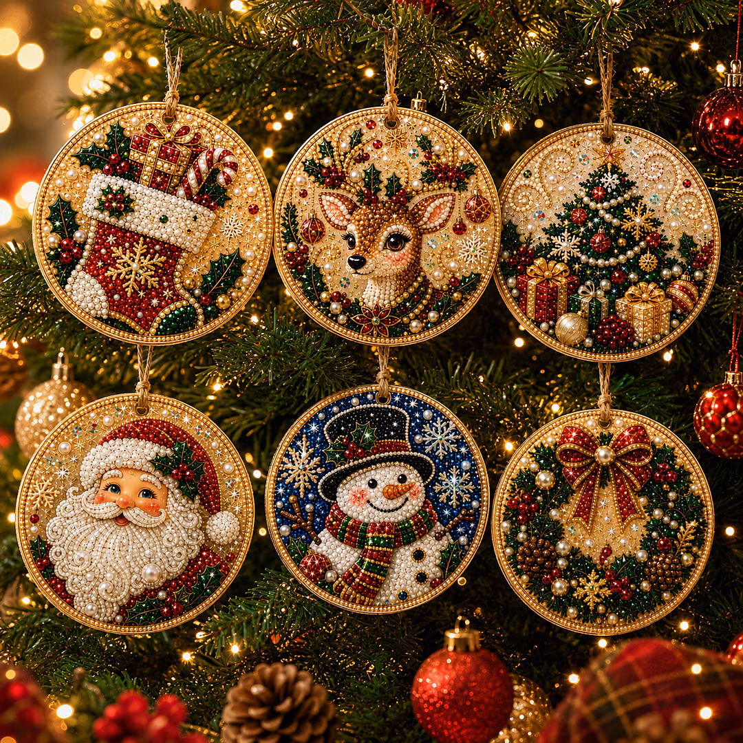 6 Pcs Christmas Wooden Ornaments DIY Pearls Diamond Painting Kit Rhinestone Art Pendants with Hemp Rope for Holiday Tree Decor