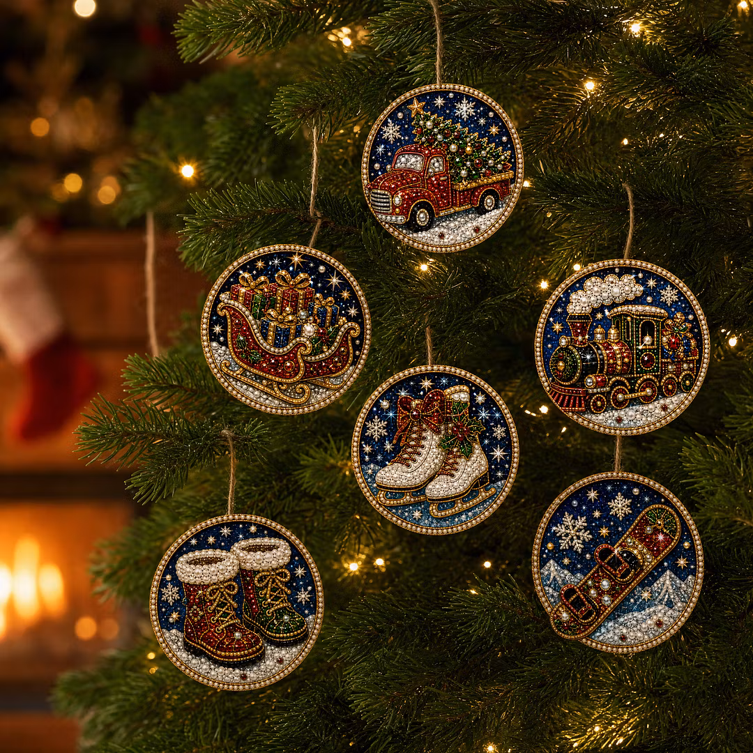 6 Pcs Christmas Wooden Ornaments DIY Pearls Diamond Painting Kit Rhinestone Art Pendants with Hemp Rope for Holiday Tree Decor