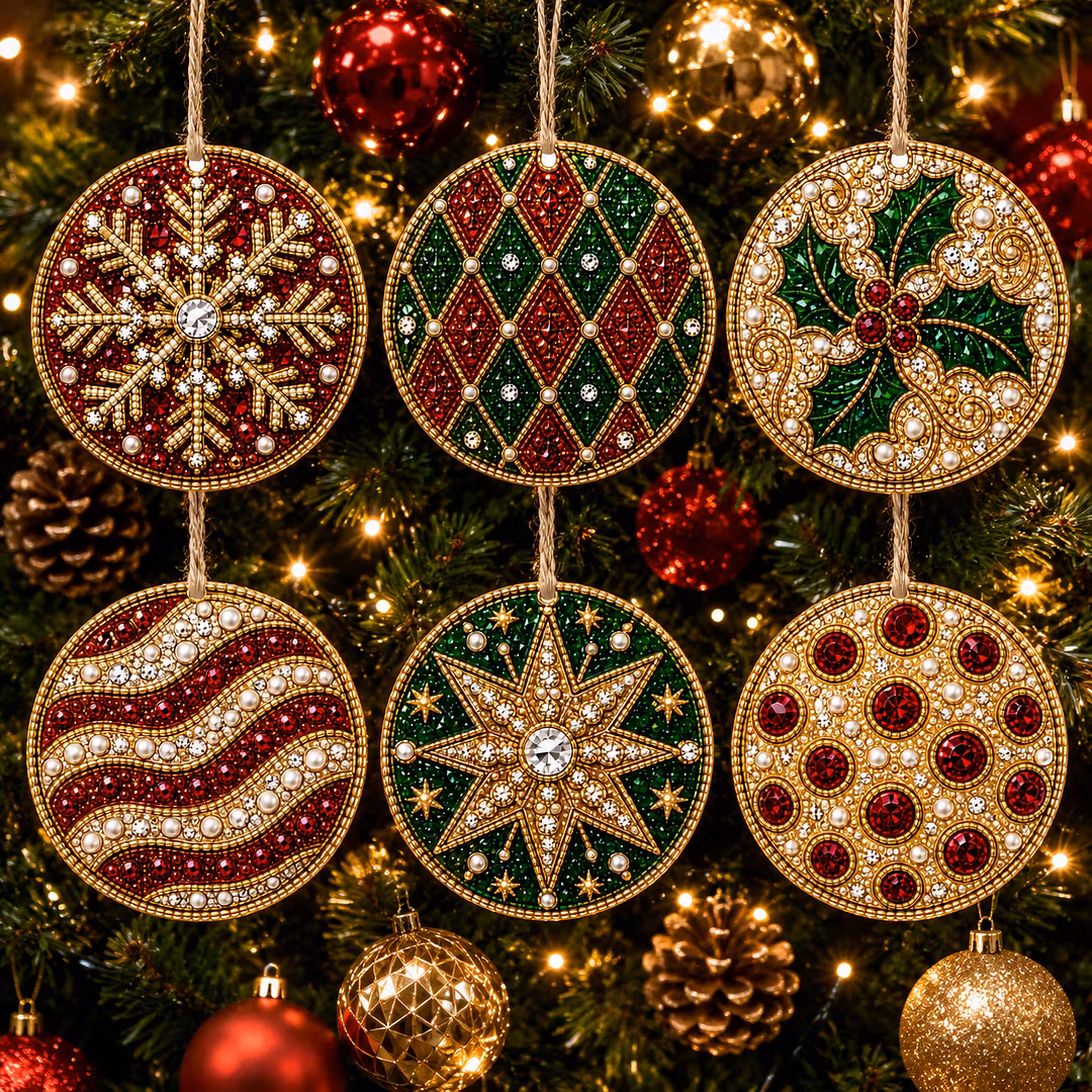 6 Pcs Christmas Wooden Ornaments DIY Pearls Diamond Painting Kit Rhinestone Art Pendants with Hemp Rope for Holiday Tree Decor