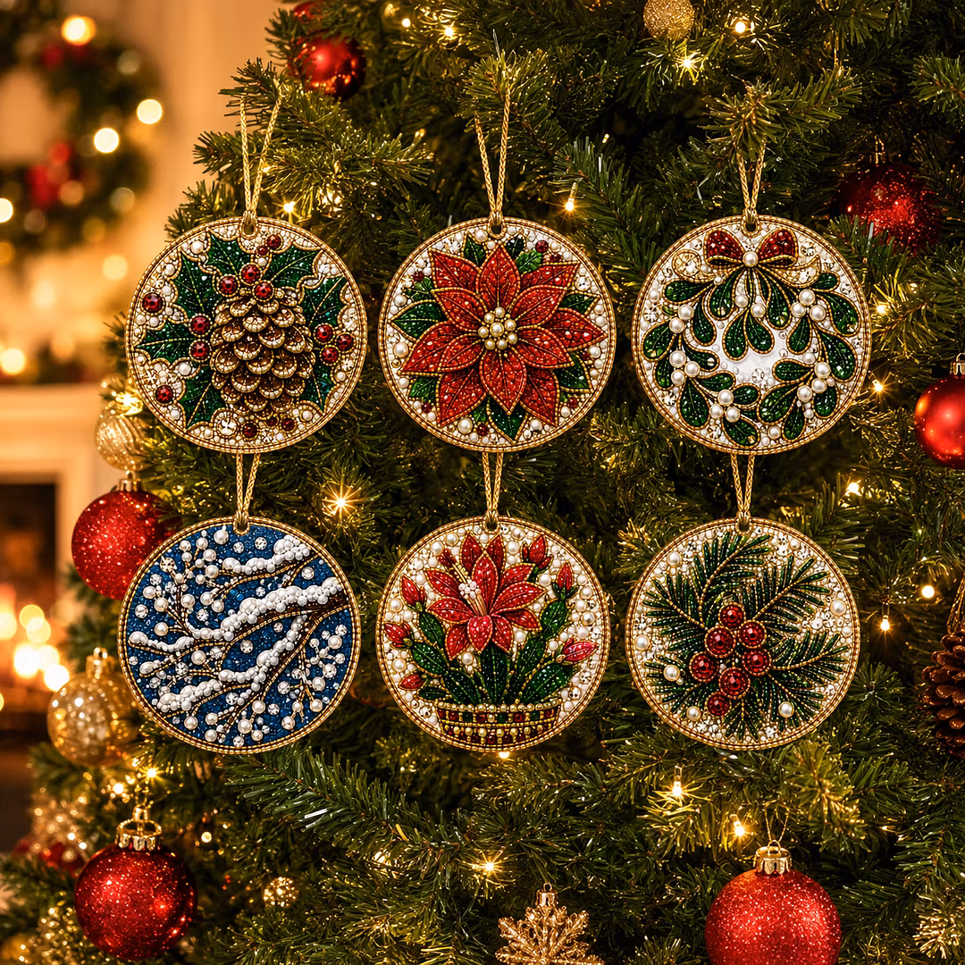 6 Pcs Christmas Wooden Ornaments DIY Pearls Diamond Painting Kit Rhinestone Art Pendants with Hemp Rope for Holiday Tree Decor