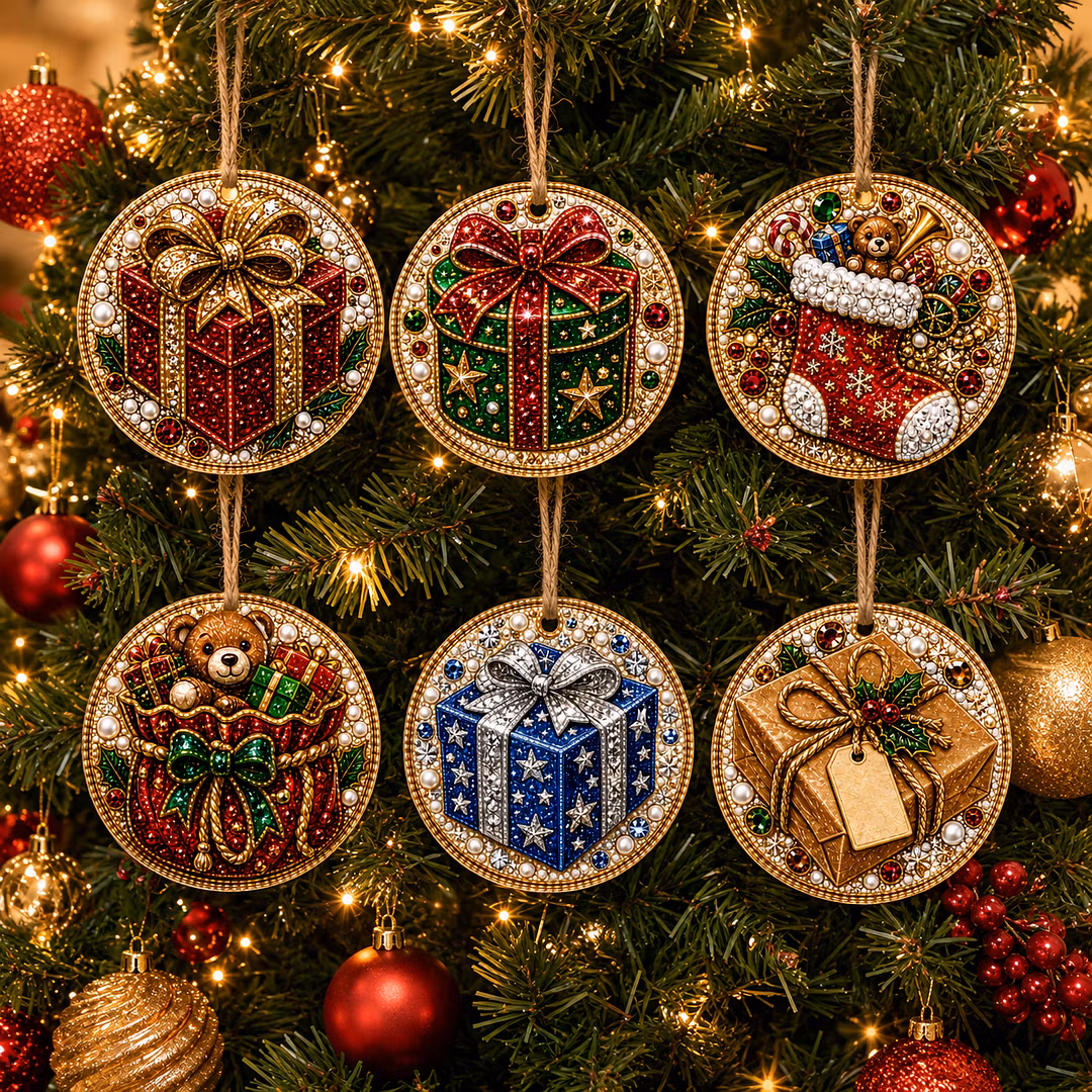 6 Pcs Christmas Wooden Ornaments DIY Pearls Diamond Painting Kit Rhinestone Art Pendants with Hemp Rope for Holiday Tree Decor