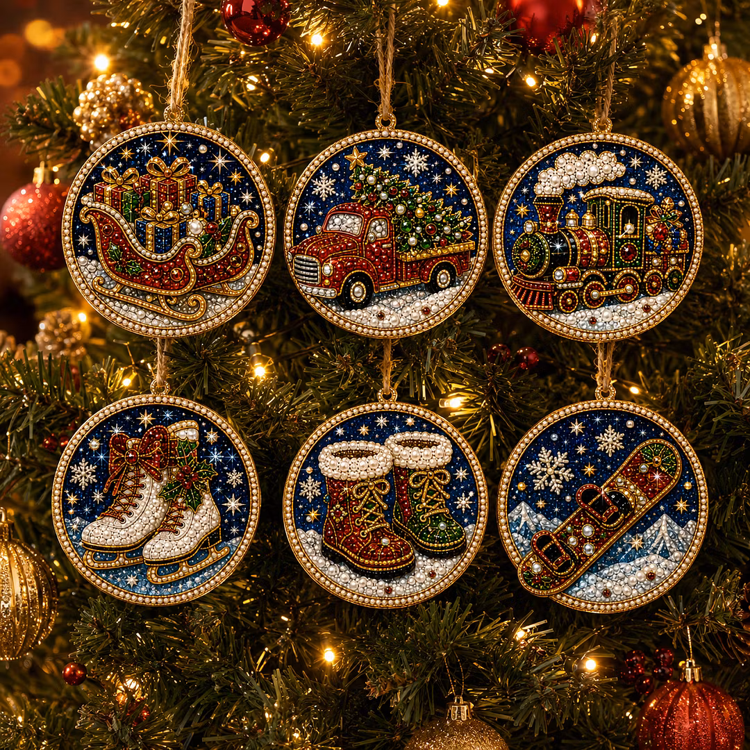 6 Pcs Christmas Wooden Ornaments DIY Pearls Diamond Painting Kit Rhinestone Art Pendants with Hemp Rope for Holiday Tree Decor