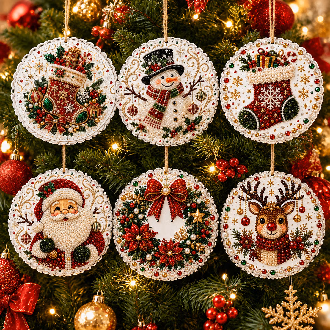 6 Pcs Christmas Wooden Ornaments DIY Pearls Diamond Painting Kit Rhinestone Art Pendants with Hemp Rope for Holiday Tree Decor