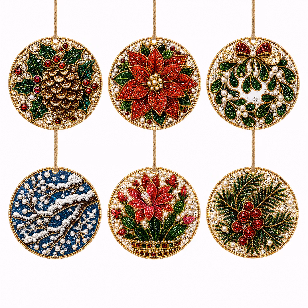 6 Pcs Christmas Wooden Ornaments DIY Pearls Diamond Painting Kit Rhinestone Art Pendants with Hemp Rope for Holiday Tree Decor