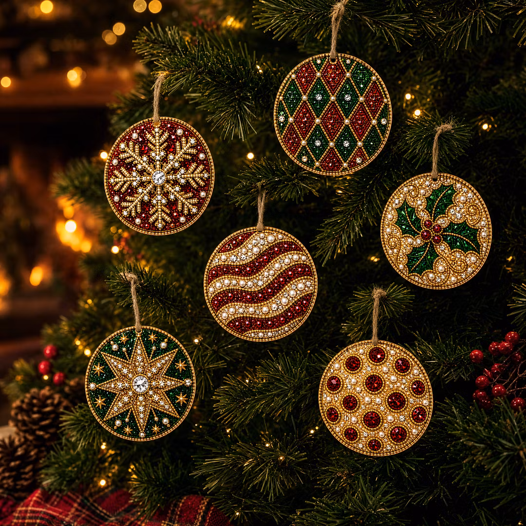 6 Pcs Christmas Wooden Ornaments DIY Pearls Diamond Painting Kit Rhinestone Art Pendants with Hemp Rope for Holiday Tree Decor