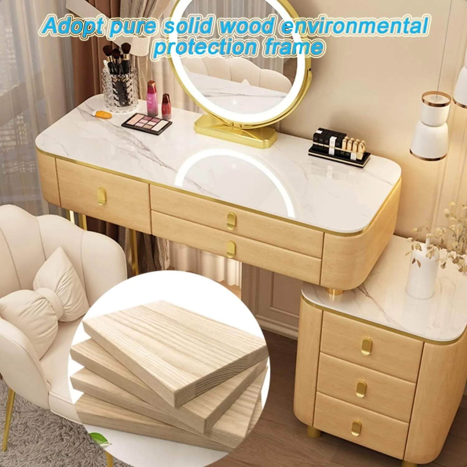 BUJOG Dressing Table with Lighted Mirror, Dressing Table with Padded Stool and 6 Drawers, Dressing Table Set with 3 Colour Lighting Modes, Storage Shelves for Girls and Women Bedrooms