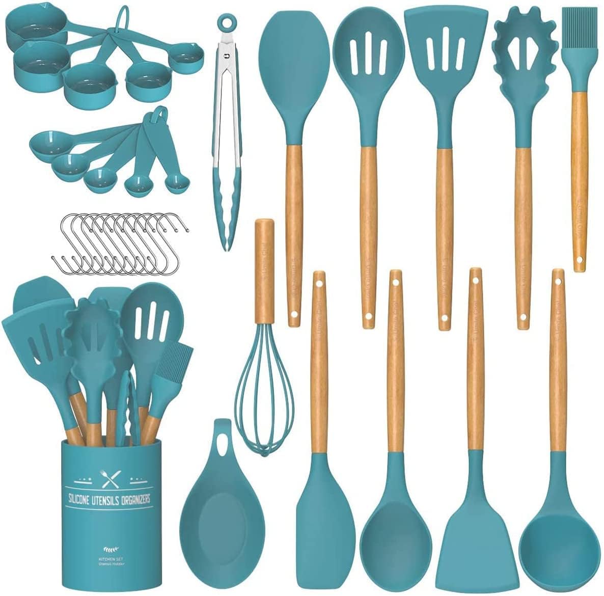 Kitchen Cooking Utensils Set, 33 pcs Non-Stick Silicone Cooking Kitchen Utensils Spatula Set with Holder, Wooden Handle Silicone Kitchen Gadgets Utensil Set (Khaki)