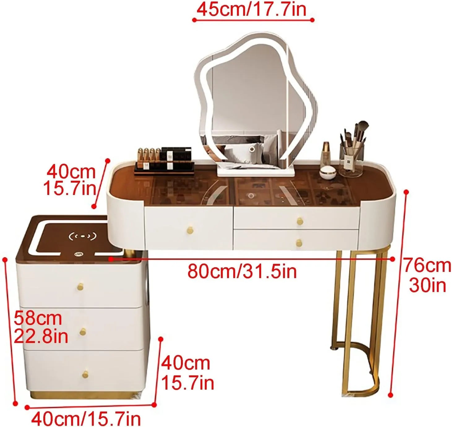 Make-up Set with Charging Station, Makeup Mirror, Large Dressing Table with 3-Colour Adjustable Touch Light, Bluetooth Speaker, Padded Stool for Women and Girls