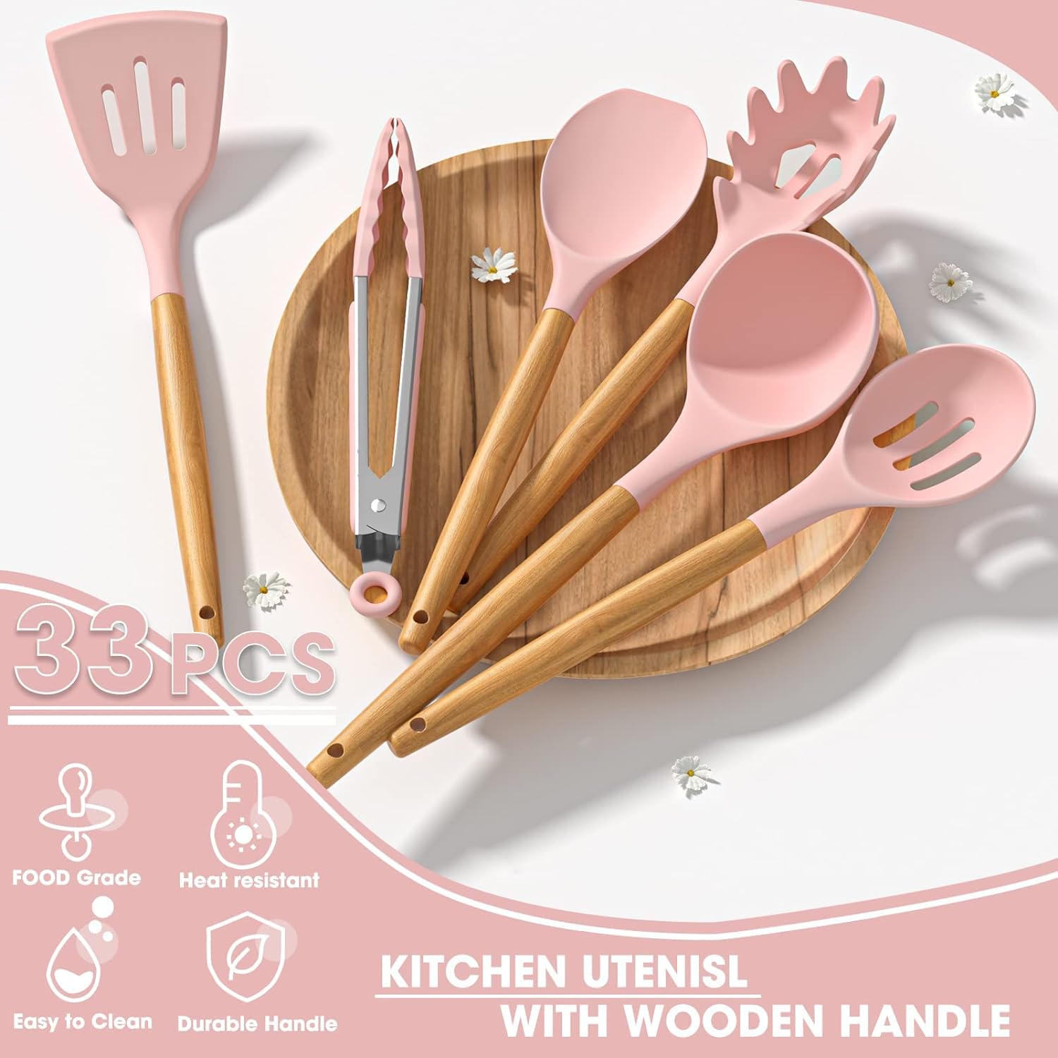 Kitchen Cooking Utensils Set, 33 pcs Non-Stick Silicone Cooking Kitchen Utensils Spatula Set with Holder, Wooden Handle Silicone Kitchen Gadgets Utensil Set (Khaki)
