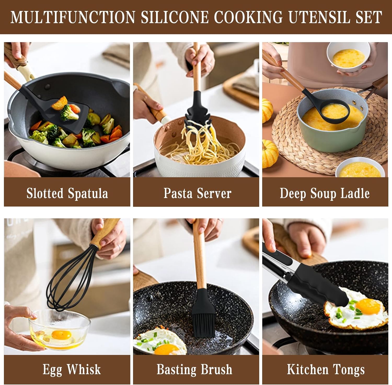 Kitchen Cooking Utensils Set, 33 pcs Non-Stick Silicone Cooking Kitchen Utensils Spatula Set with Holder, Wooden Handle Silicone Kitchen Gadgets Utensil Set (Khaki)