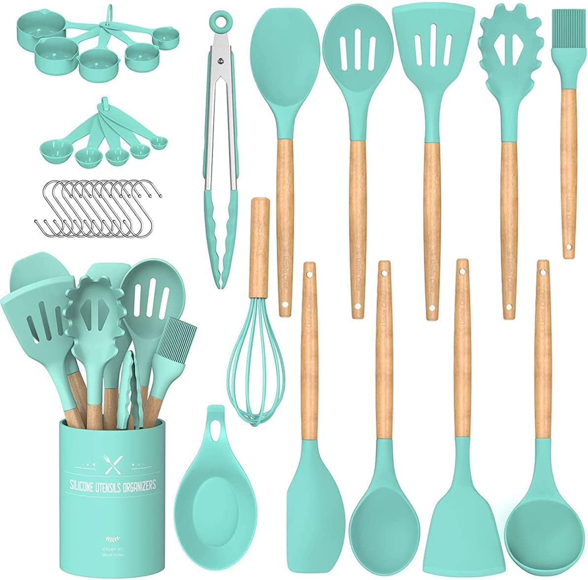 Kitchen Cooking Utensils Set, 33 pcs Non-Stick Silicone Cooking Kitchen Utensils Spatula Set with Holder, Wooden Handle Silicone Kitchen Gadgets Utensil Set (Khaki)