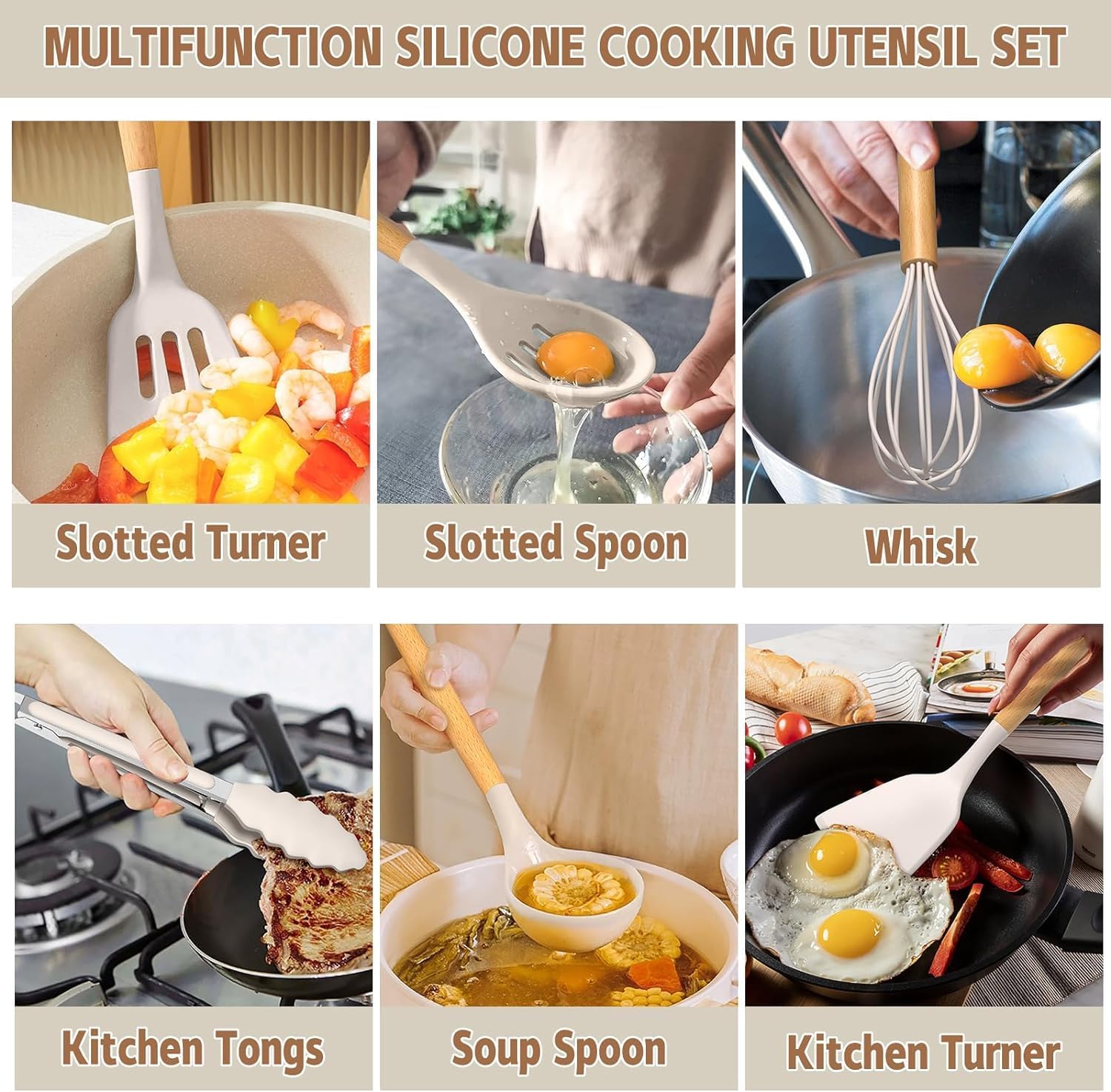 Kitchen Cooking Utensils Set, 33 pcs Non-Stick Silicone Cooking Kitchen Utensils Spatula Set with Holder, Wooden Handle Silicone Kitchen Gadgets Utensil Set (Khaki)