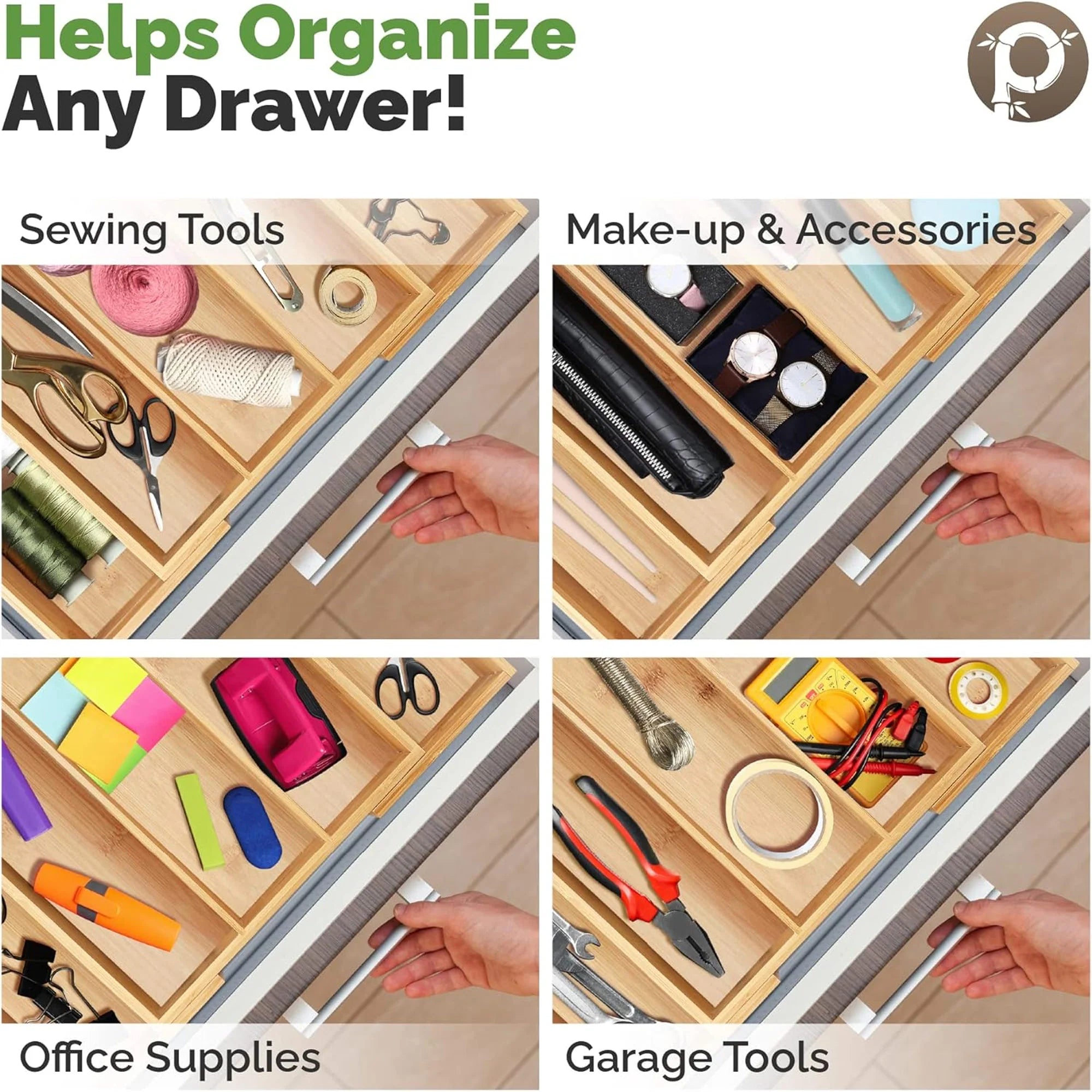 Bamboo Silverware Expandable Adjustable Wooden Divider Tray Organizer, 5 Slots, 17x19.3x2.4 Inches