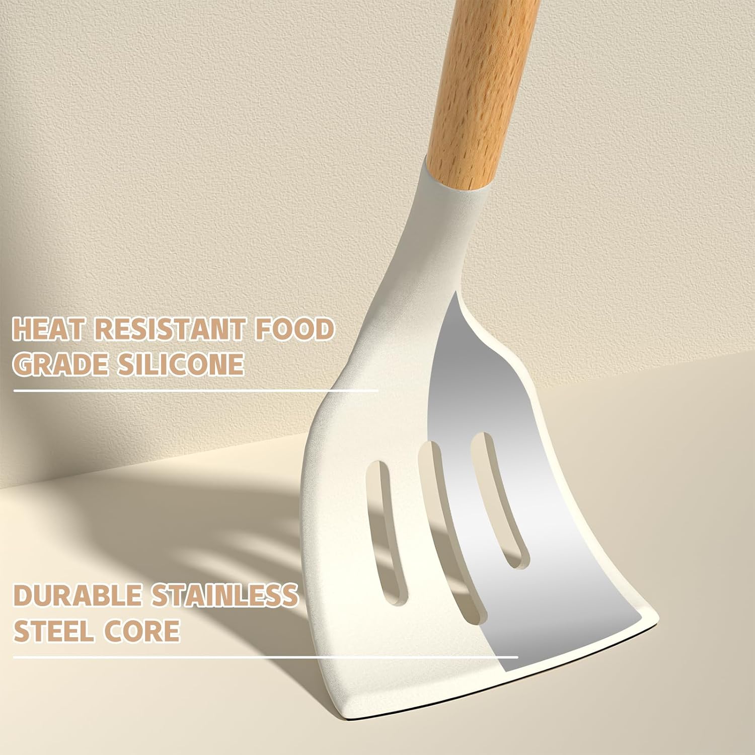 Kitchen Cooking Utensils Set, 33 pcs Non-Stick Silicone Cooking Kitchen Utensils Spatula Set with Holder, Wooden Handle Silicone Kitchen Gadgets Utensil Set (Khaki)