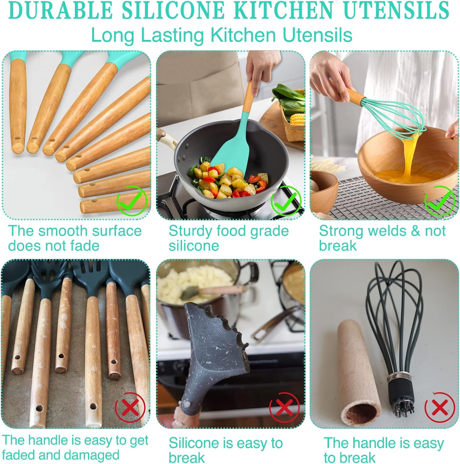 Kitchen Cooking Utensils Set, 33 pcs Non-Stick Silicone Cooking Kitchen Utensils Spatula Set with Holder, Wooden Handle Silicone Kitchen Gadgets Utensil Set (Khaki)