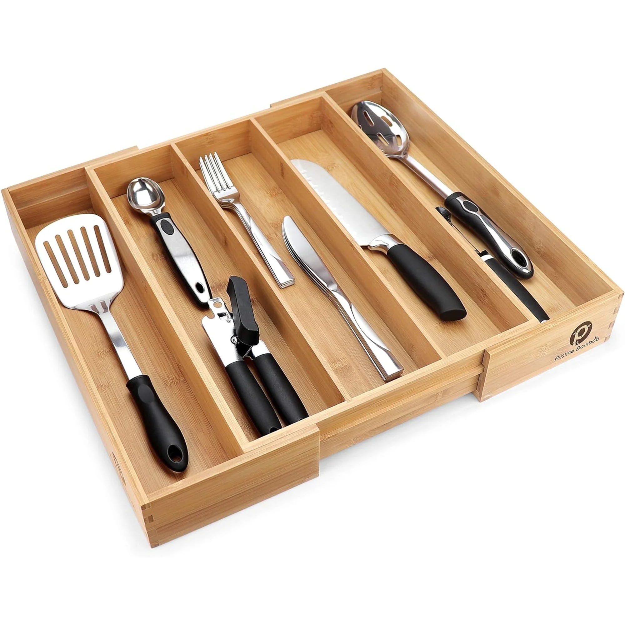 Bamboo Silverware Expandable Adjustable Wooden Divider Tray Organizer, 5 Slots, 17x19.3x2.4 Inches