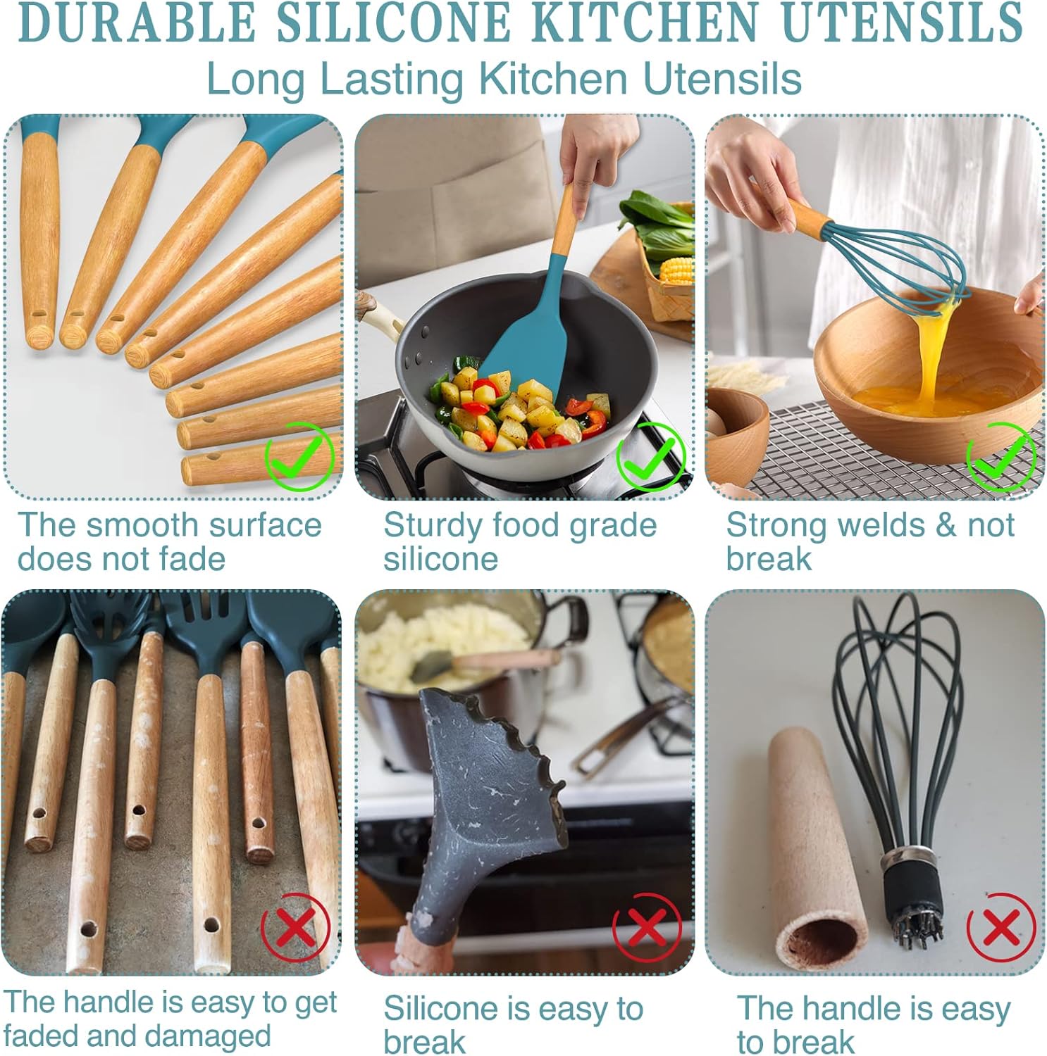 Kitchen Cooking Utensils Set, 33 pcs Non-Stick Silicone Cooking Kitchen Utensils Spatula Set with Holder, Wooden Handle Silicone Kitchen Gadgets Utensil Set (Khaki)