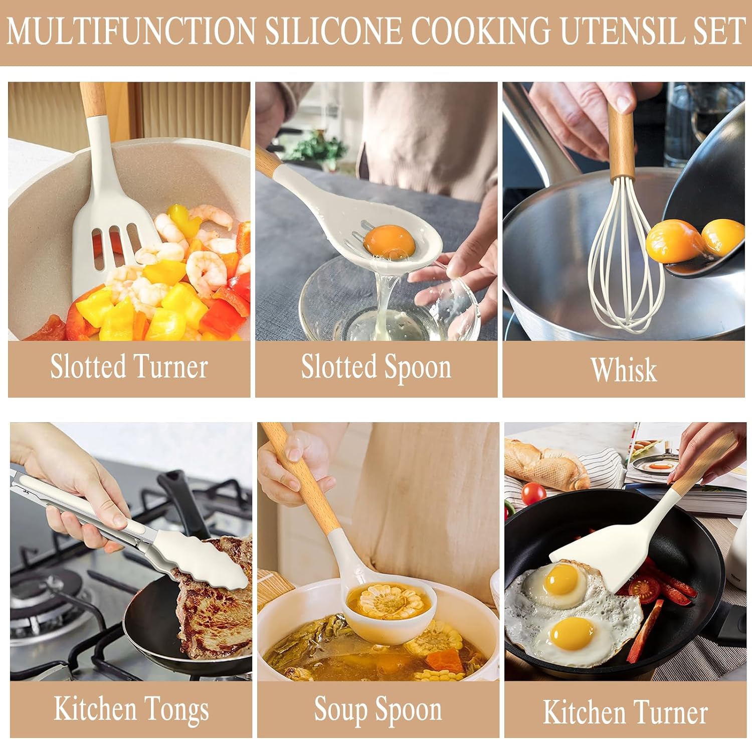 Kitchen Cooking Utensils Set, 33 pcs Non-Stick Silicone Cooking Kitchen Utensils Spatula Set with Holder, Wooden Handle Silicone Kitchen Gadgets Utensil Set (Khaki)