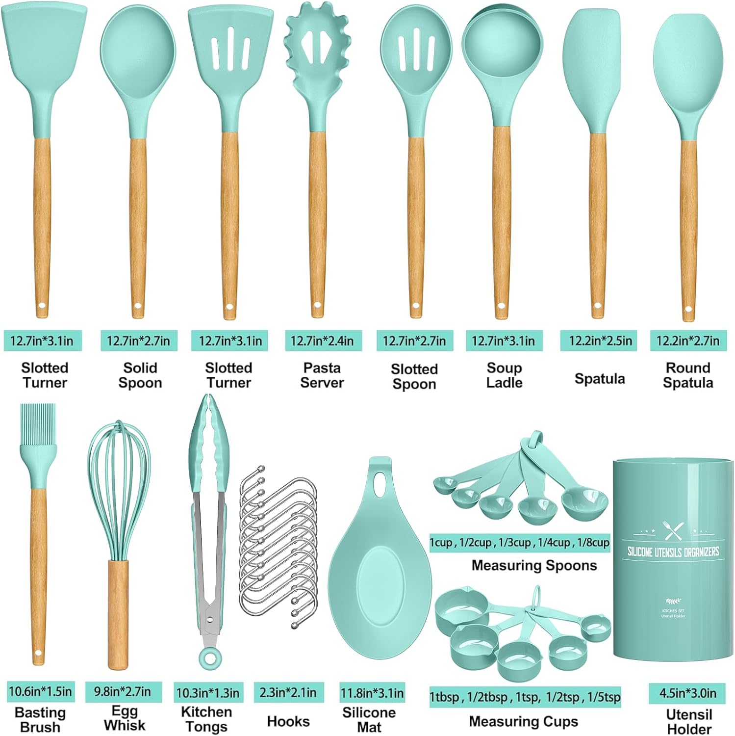 Kitchen Cooking Utensils Set, 33 pcs Non-Stick Silicone Cooking Kitchen Utensils Spatula Set with Holder, Wooden Handle Silicone Kitchen Gadgets Utensil Set (Khaki)