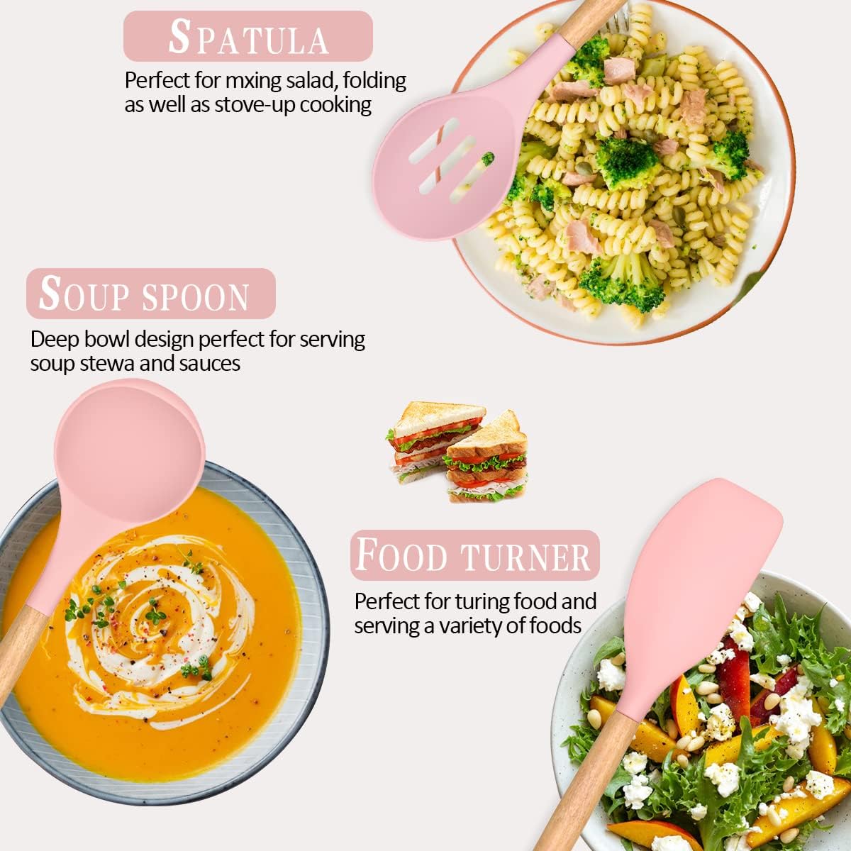 Kitchen Cooking Utensils Set, 33 pcs Non-Stick Silicone Cooking Kitchen Utensils Spatula Set with Holder, Wooden Handle Silicone Kitchen Gadgets Utensil Set (Khaki)