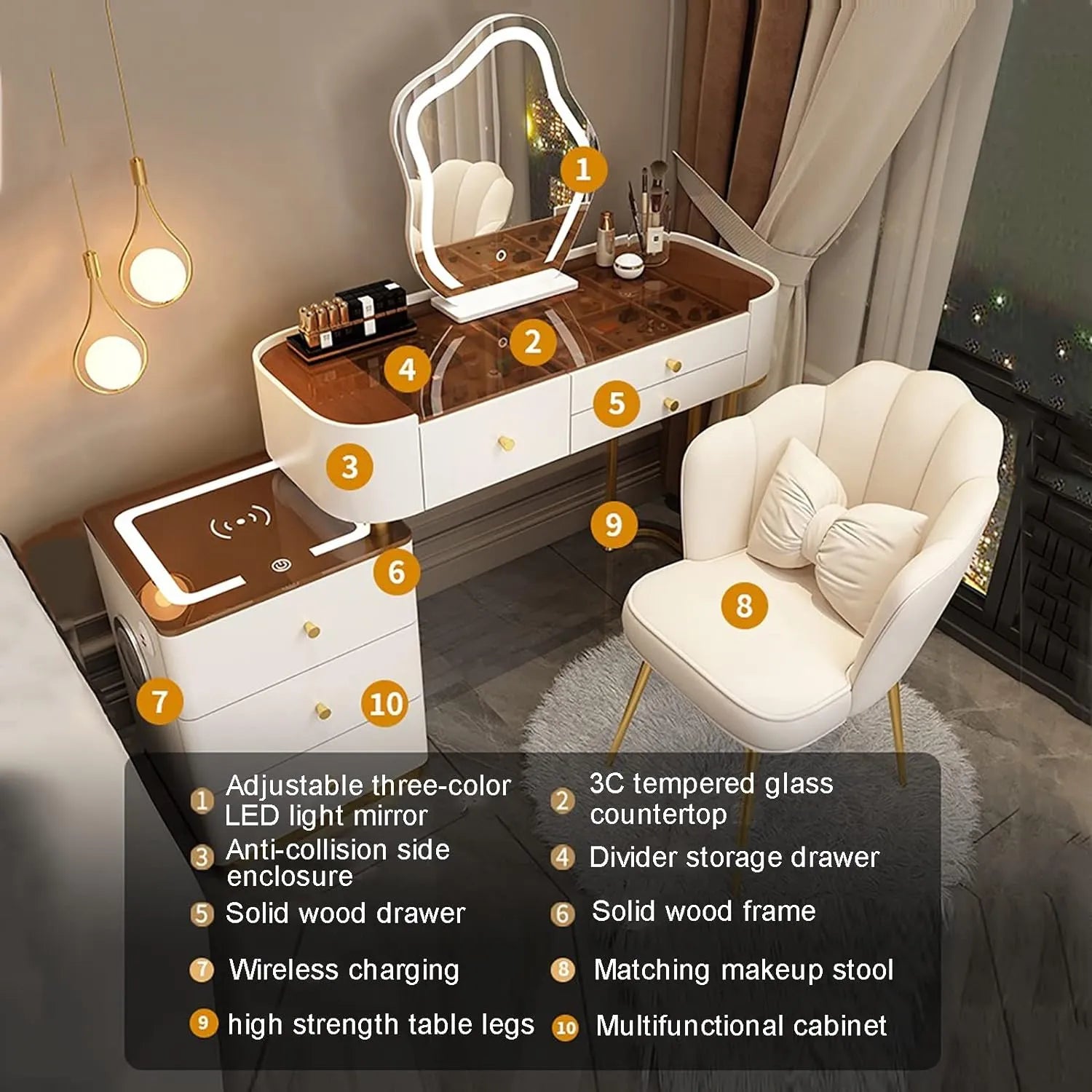 Make-up Set with Charging Station, Makeup Mirror, Large Dressing Table with 3-Colour Adjustable Touch Light, Bluetooth Speaker, Padded Stool for Women and Girls
